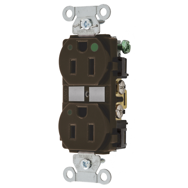 Hubbell Wiring Device-Kellems Straight Blade Devices, Duplex Receptacle, Hubbell-Pro, Hospital Grade, LED Indicator, 2-Pole 3-Wire Grounding, 15A 125V, 5-15R, Brown 8200L